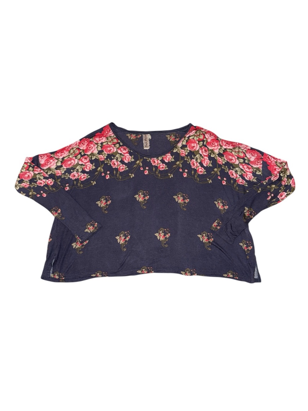 Free People Navy Pink Rose Floral Oversized Long Sleeve Top Boho XL